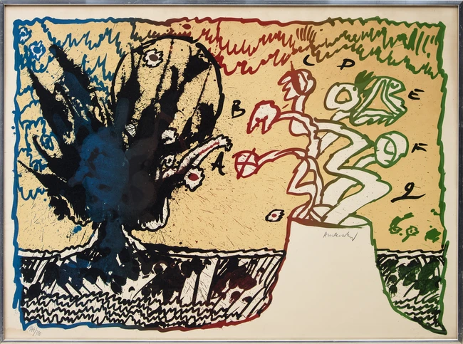 Pierre Alechinsky, Belgian b.1927- Volcan Alphabétique, 1970; lithograph in colours on wove, 