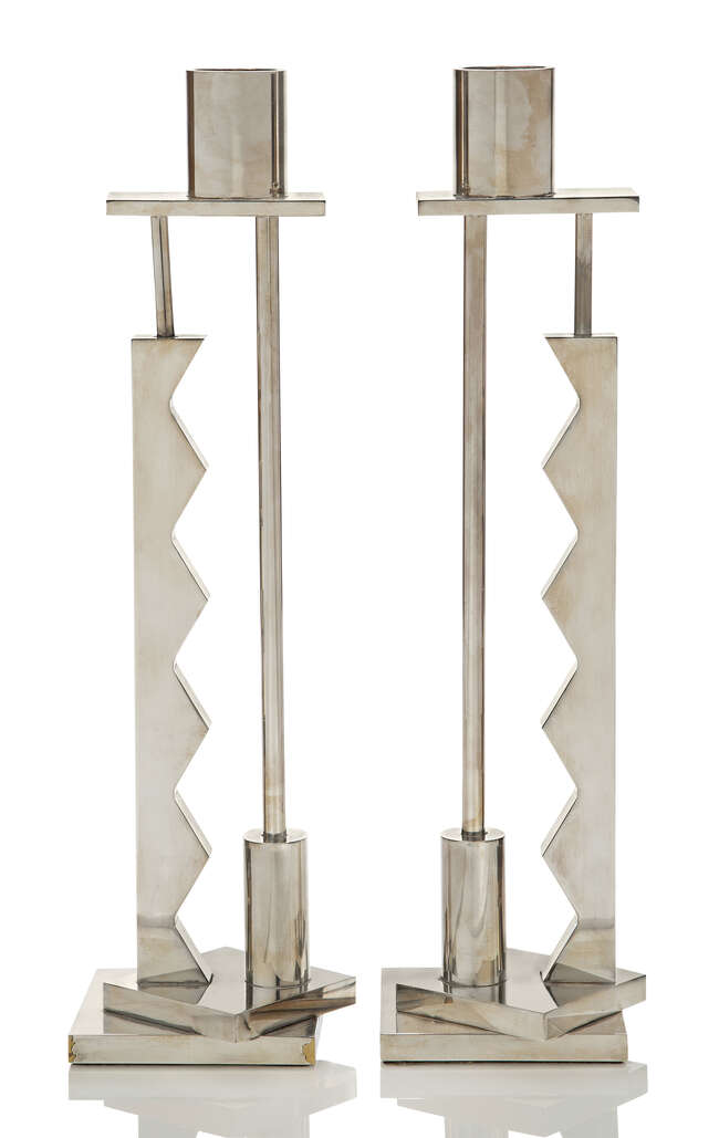 
	
		Ettore Sottsass (1917-2007), a pair of silver plated &#39;Silvershade&#39; candlesticks, for Swid...