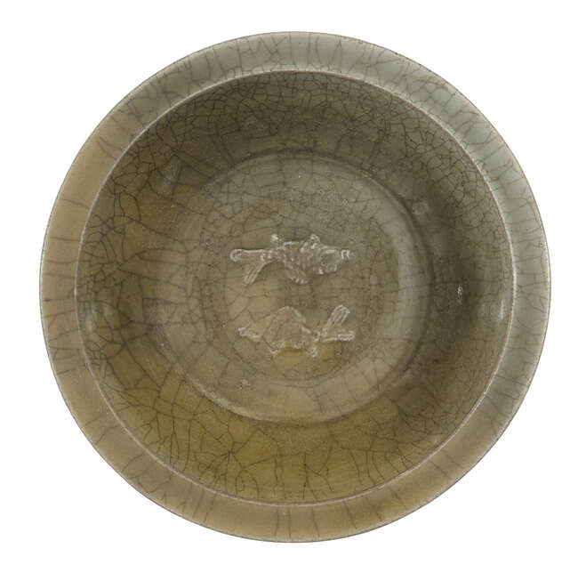 
	
		A Chinese Longquan celadon &#39;twin fish&#39; bowl, Ming dynasty, 15th century, covered in an...