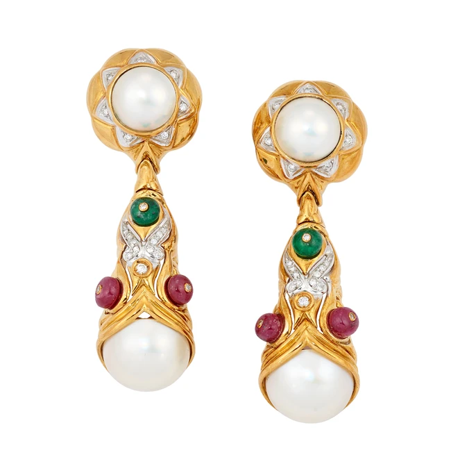 A pair of gem set drop earclips, the teardrop shaped drops set with mabé pearl terminals, with...