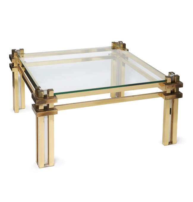 
	
		Romeo Rega, an Italian mixed metal and glass coffee table
		1970s, stamped, &#39;RR&#39;, Romeo...