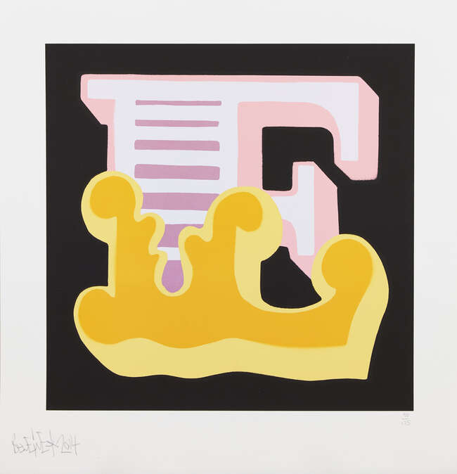 
	
		Ben Eine,
		British b.1970-
		 
		E (pink), 2014; 
		 
		screenprint in colours on...
