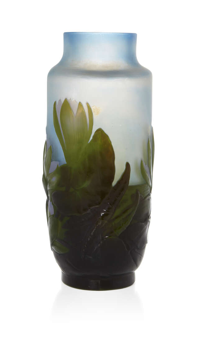 
	
		Gallé (French), a mould-blown triple overlay Water Lily vase 
		c.1925, relief...