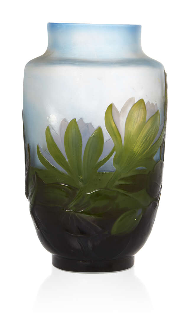 
	
		Gallé (French), a mould-blown triple overlay Water Lily vase 
		c.1925, relief...