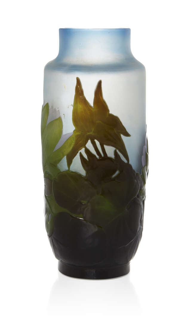 
	
		Gallé (French), a mould-blown triple overlay Water Lily vase 
		c.1925, relief...