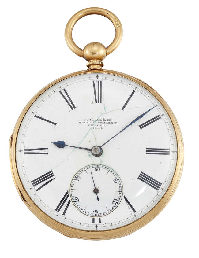
	
		An 18ct gold open face key-wind pocket watch by J. H. Allis, the white enamel dial with...