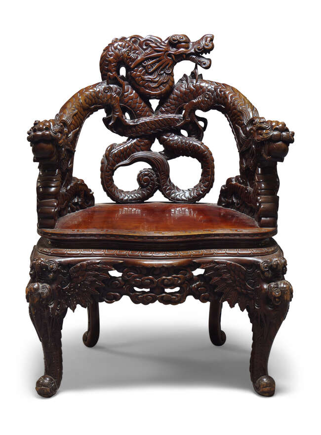 
	
		A Chinese carved wood &#39;dragon&#39; chair, early 20th century, profusely carved with dragon...