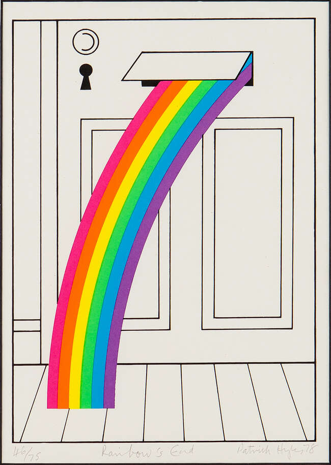 
	
		Patrick Hughes, 
		British b.1939- 
		 
		Rainbow&#39;s End, 1978; 
		lithograph in colours...