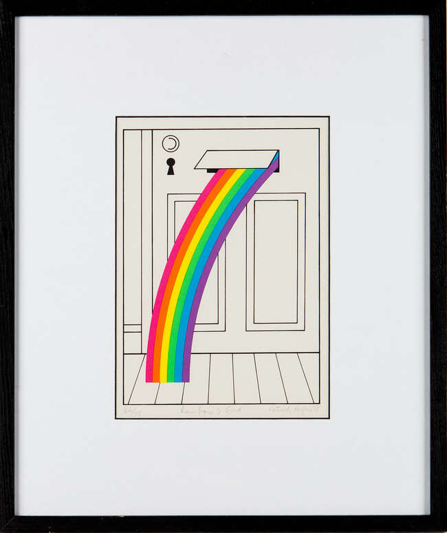 
	
		Patrick Hughes, 
		British b.1939- 
		 
		Rainbow&#39;s End, 1978; 
		lithograph in colours...