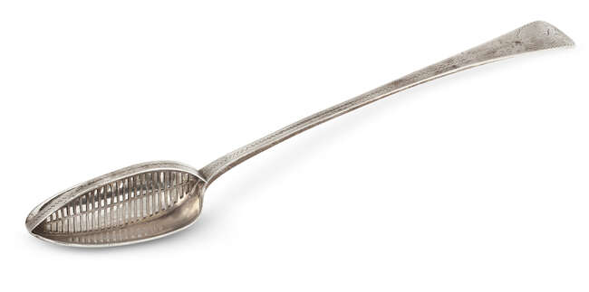 
	
		A George III silver strainer spoon, London, c.1785, Richard Crossley, of Old English...