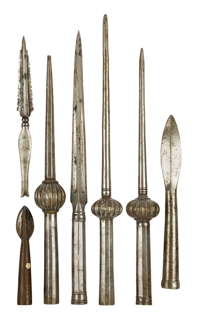
	
		A group of steel spear heads of various sizes, India, 17th-18th century, three with...