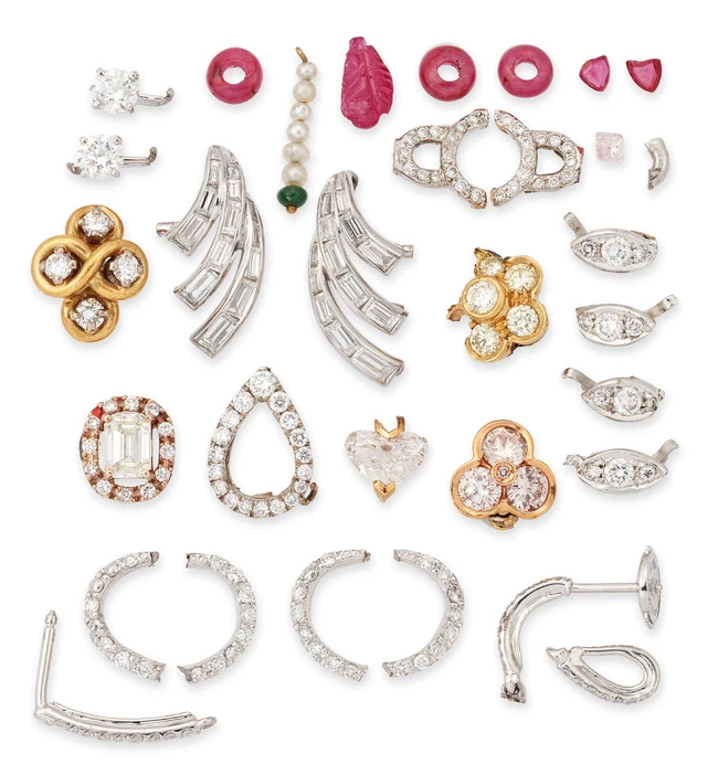 A group of diamond set jewellery components, including: two baguette-cut diamond set spray...