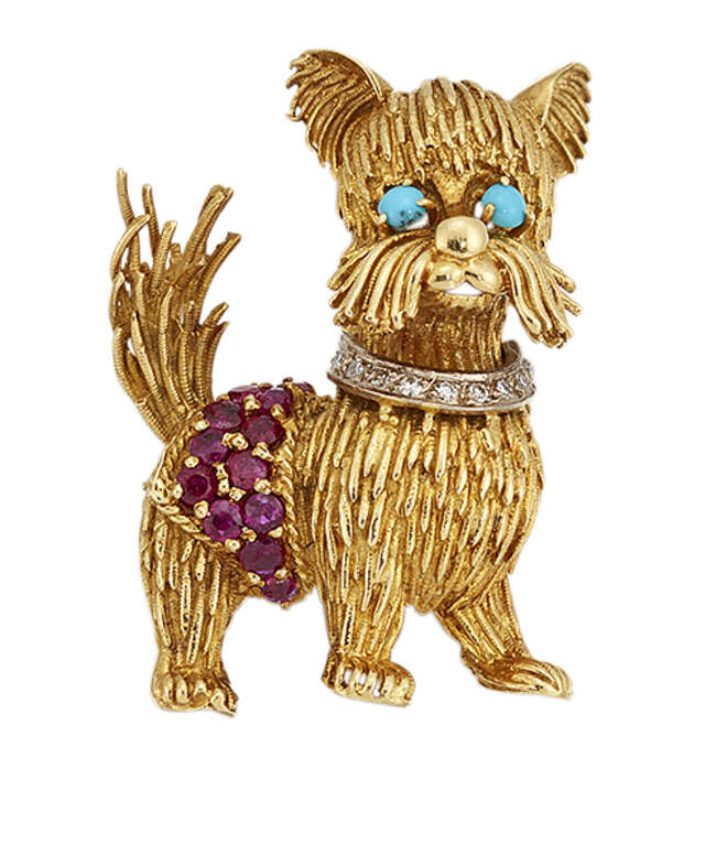 
	
		An 18ct gold, diamond and gem novelty dog brooch, by Ben Rosenfeld, the textured body...