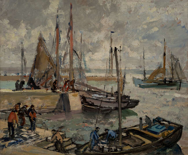 
	
		Paul Morchain, 
		French 1876-1939 - 
		 
		Thonniers au quai - Matin, Douarnenez;...