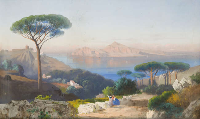 
	
		Cesare Uva,
		Italian 1824-1886-
		 
		Naples seen from hills of Posillipo;
		 
		