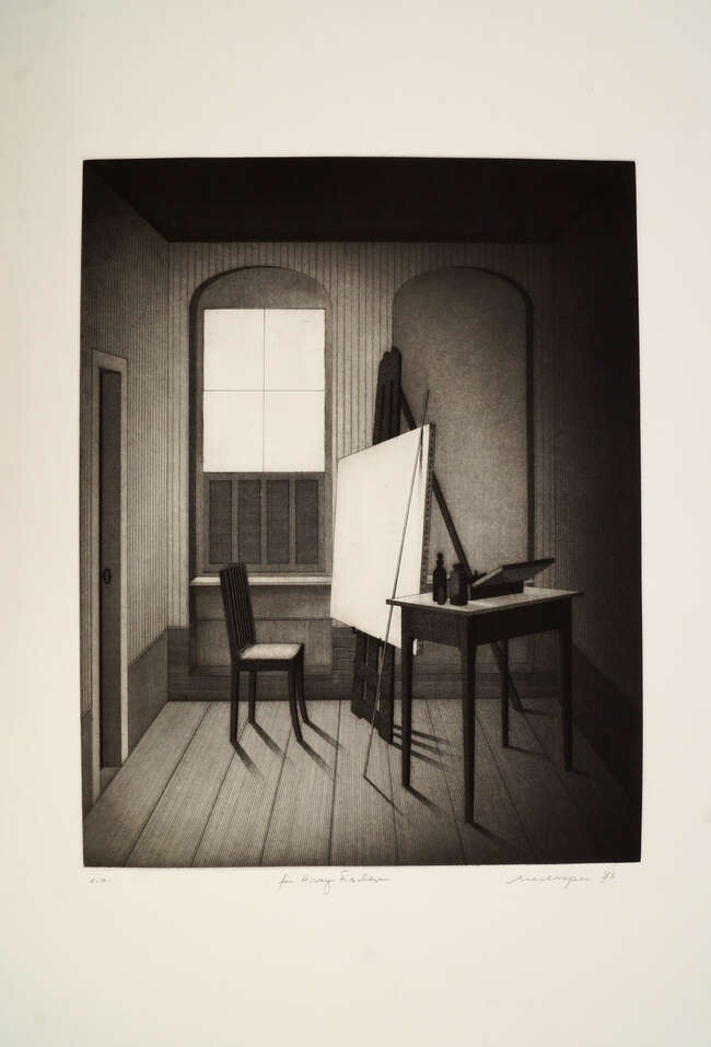 
	
		Friedrich Meckseper, 
		German b.1936- 
		Black and white interior table and chair, 1974;...
