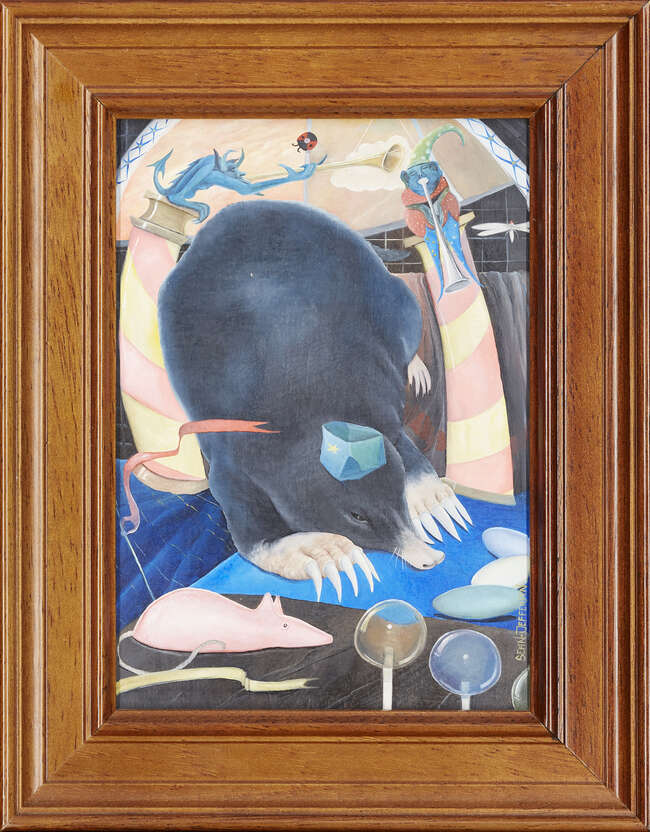 
	
		Sean Jefferson, 
		British b.1957 - 
		 
		Merry Mole; 
		 
		oil on board, signed...