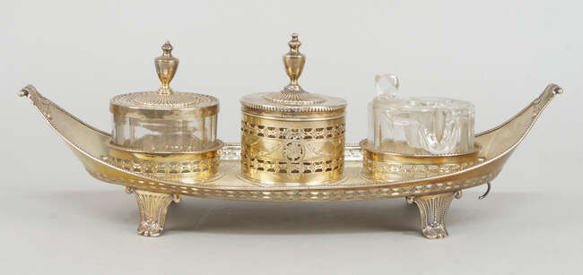 
	
		A George III silver boat shaped inkstand Sheffield c.1782, Richard Morton & Co. of...