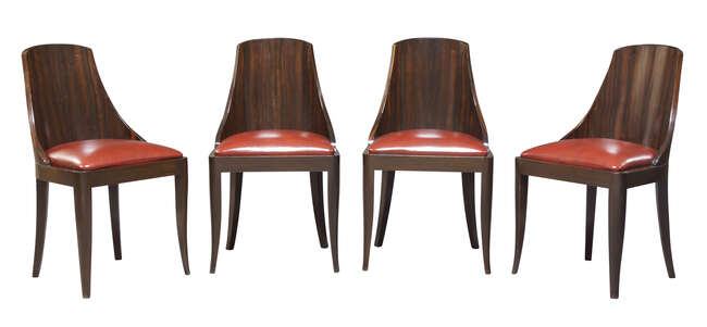 
	
		French Art Deco, a Macassar dining table and eight dining chairs, 
		c.1930,
		The...