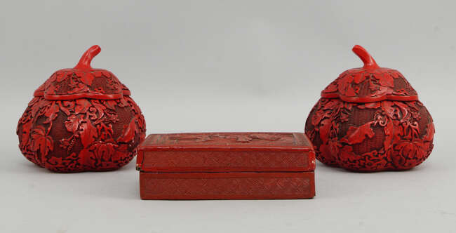 
	
		 A pair of Chinese Cinnabar lacquer gourd shaped boxes with covers, 20th century,...