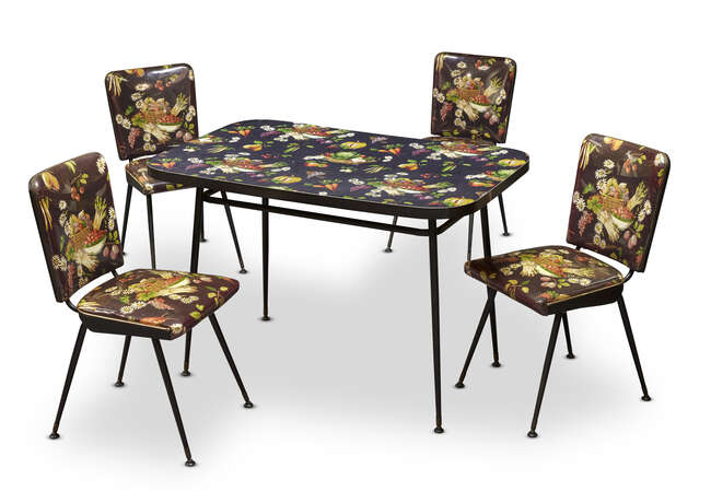 
	
		A 1960&#39;s Formica covered breakfast table with four matching vinyl covered chairs
		