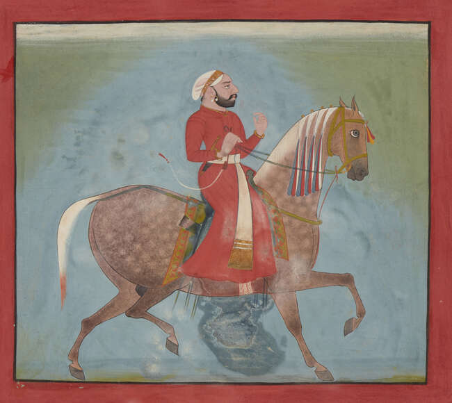 
	
		An equestrian portrait,  Mewar, early 18th century, gouache on paper heightened with...