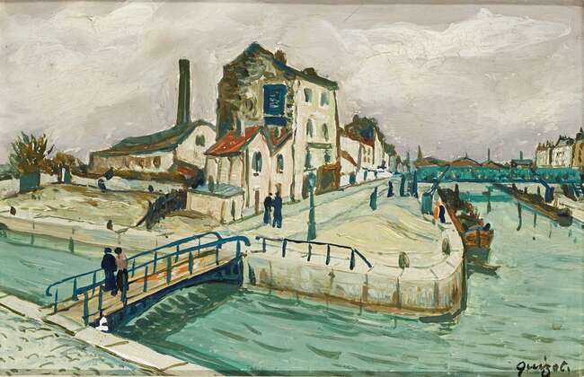 
	
		Alphonse Quizet, 
		French 1885-1955 - 
		 
		Canal scene with bridge; 
		 
		oil...