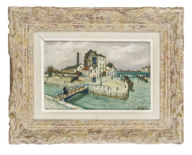 
	
		Alphonse Quizet, 
		French 1885-1955 - 
		 
		Canal scene with bridge; 
		 
		oil...