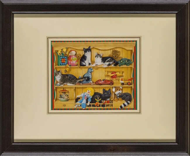 
	
		Lesley Anne Ivory, 
		British b.1934 - 
		 
		Cat amongst the Toys; 
		 
		gouache...