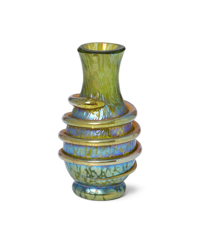 
	
		Loetz, a miniature iridescent glass vase with applied snake
		c.1900
		Pale green glass...