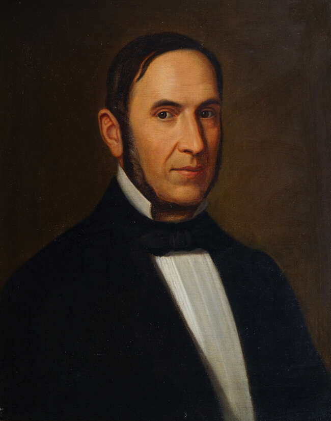 
	
		American School, late 19th century- Portrait of a man in a bow tie, with portrait of a...