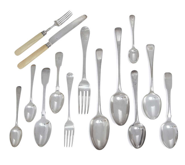 
	
		A collection of silver flatware including: a pair of 18th century tablespoons, London,...