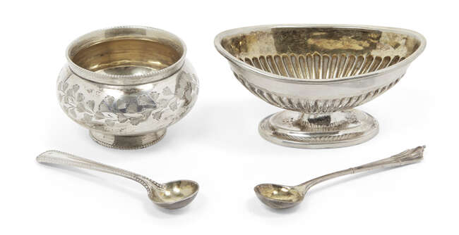 
	
		Two cased Victorian silver condiment sets, comprising a set of four rounded salt cellars,...