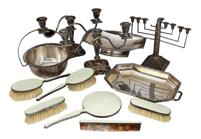 
	
		A silver menorah, Birmingham c.1937, Britton, Gould & Co., together with a silver and...