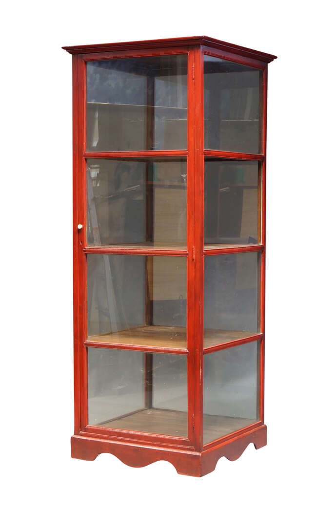 
	
		A Chinese stained red square glazed display cabinet, early 20th century, with single...