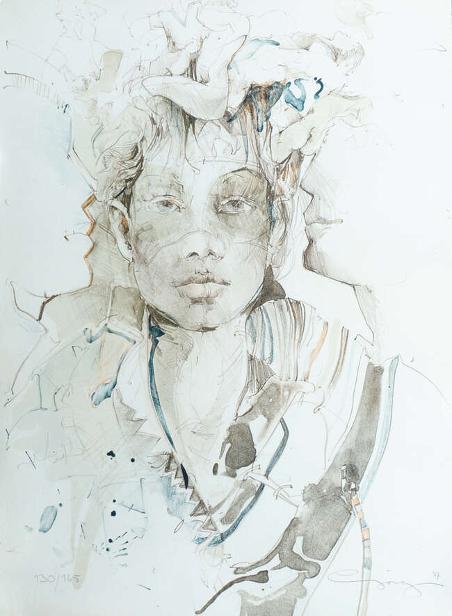 
	
		Jurgen Gorg, German b.1951- Portrait of a young woman; lithograph in colours, signed,...