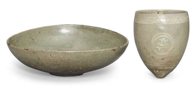 
	
		A Korean celadon cup, masangbae, Goryeo dynasty, 12th/13th century, of conical form with...