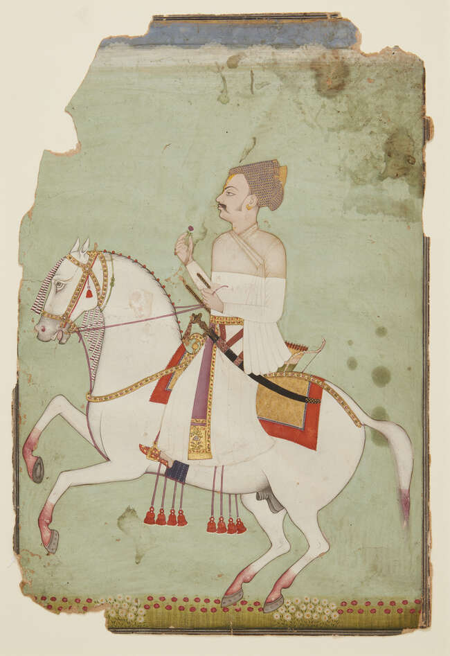 
	
		An equestrian portrait of Shri Hogha, Raghogarh, North India, circa 1700, gouache on...