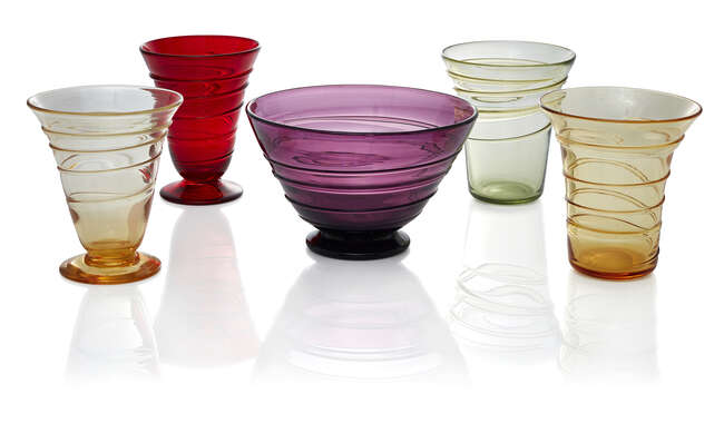 
	
		Barnaby Powell (British 1891-1939), a James Powell and Sons &#39;Ruby&#39; glass ribbon trailed...