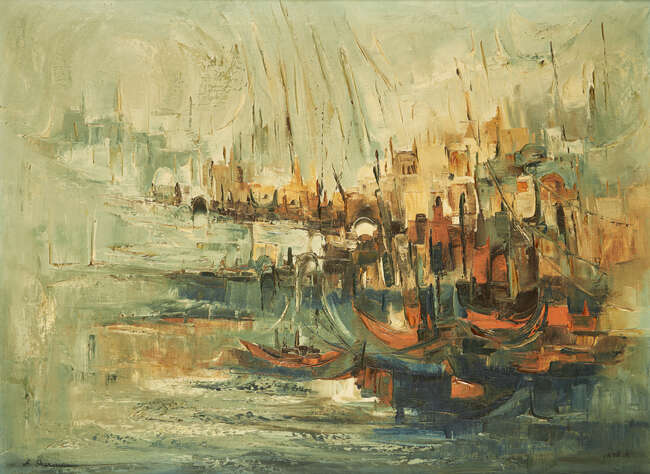 
	
		Ahuva Sherman (b. 1928) Israel, Untitled (boats in a harbour), oil on canvas, signed in...