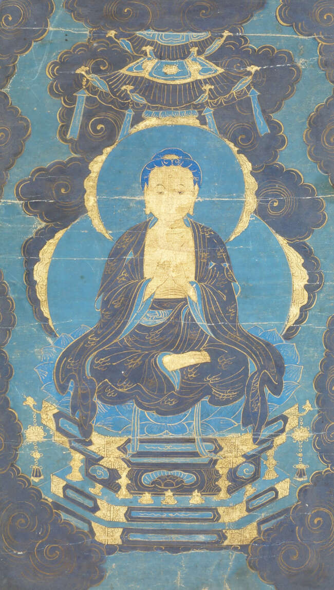 
	
		A Chinese painting on canvas, 19th century, depicting Shakyamuni Buddha seated in 