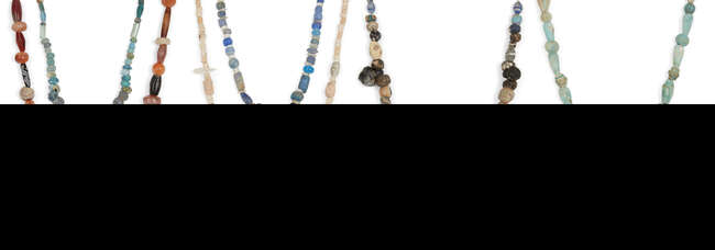 
	
		Seven strings of hardstone, glass, calcite and glazed faience beads
		Circa 1st...