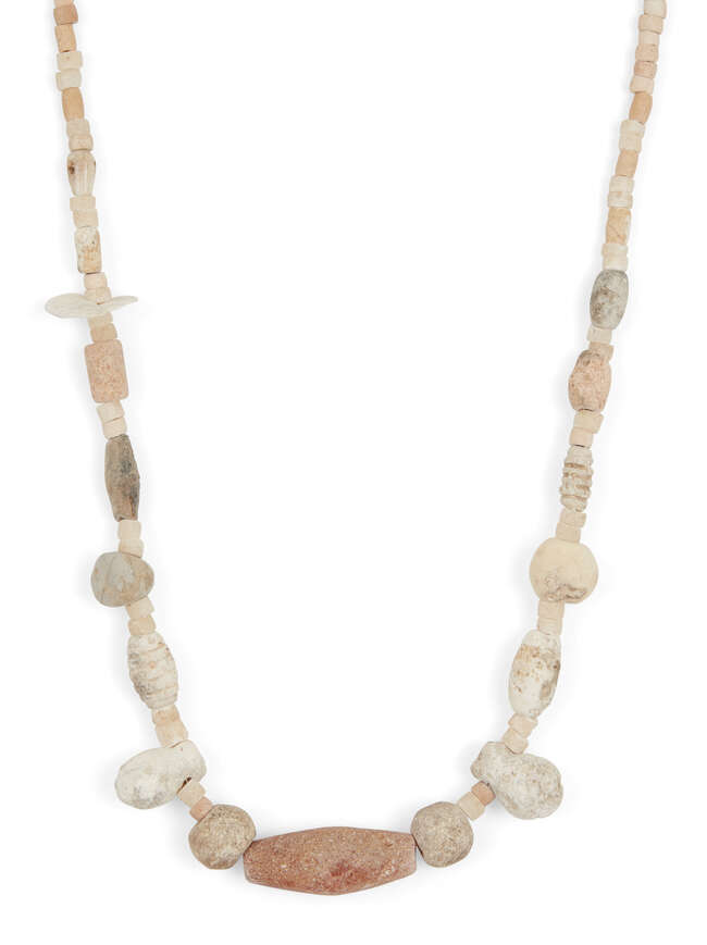 
	
		Seven strings of hardstone, glass, calcite and glazed faience beads
		Circa 1st...