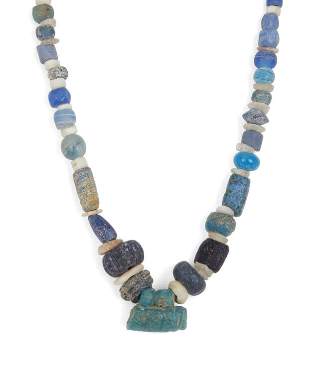 
	
		Seven strings of hardstone, glass, calcite and glazed faience beads
		Circa 1st...