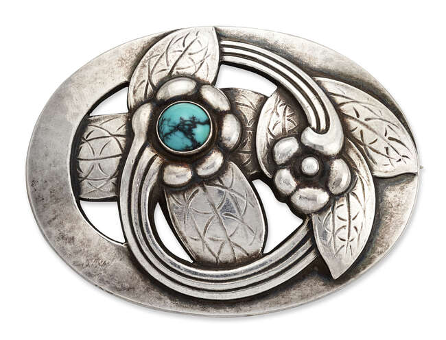 
	
		Georg Jensen, a silver floral brooch with turquoise cabochon
		Marks of Georg Jensen for...