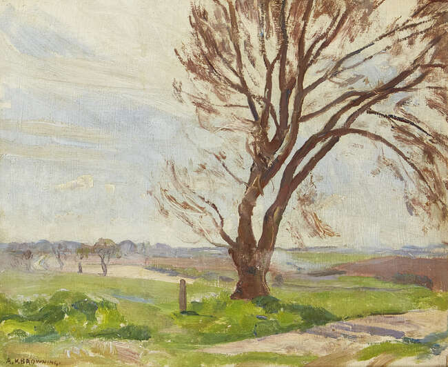 
	
		Amy Katherine Browning ROI SWA,
		British 1881-1978-
		 
		Fields and tree;
		 
		