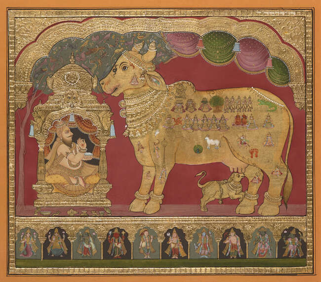 
	
		A Tanjore painting of Nandi and a Brahman in a shrine, South India, 20th century, opaque...