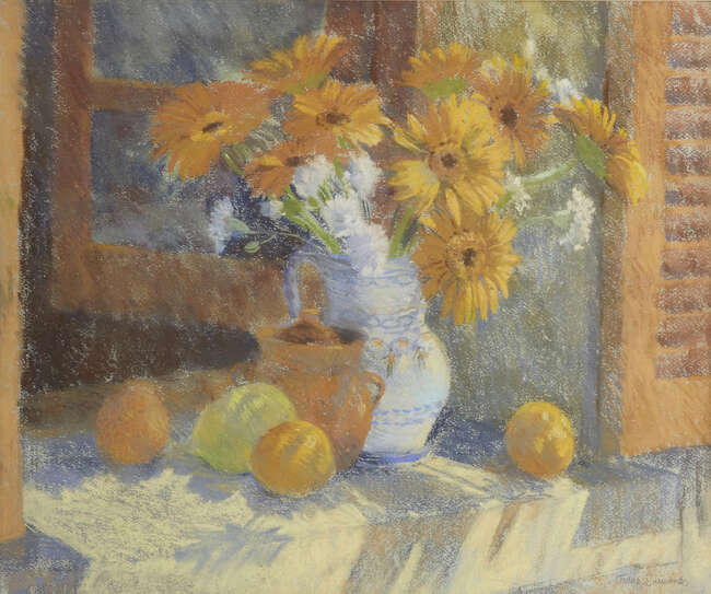 Jackie Simmonds, 
British b.1944-
 
Still life of flowers and fruit on a windowsill; 
 
