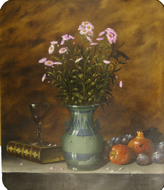 
	
		M Pincon, European School, mid 20th century- Still life of flowers in a vase; oil on...