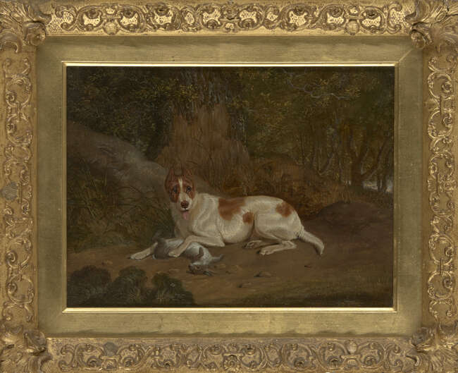 
	
		Circle of Charles Towne, 
		British 1763-1840- 
		 
		Dog with a hare in woodland;...